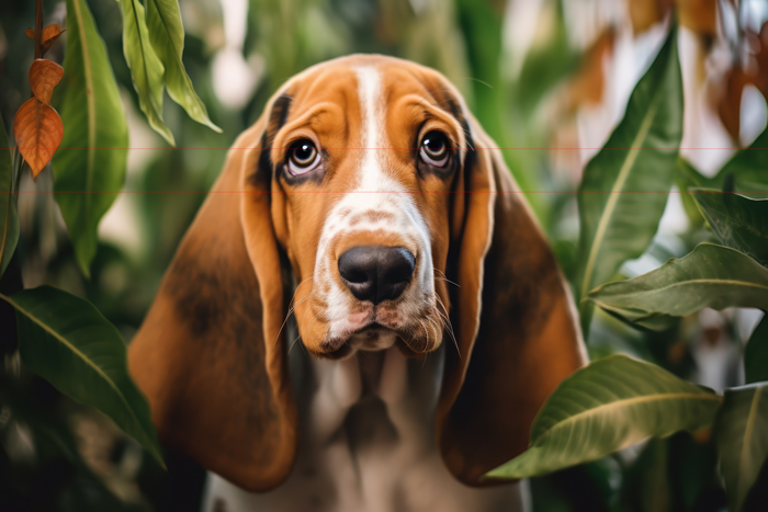 A picture of a basset hound with long, droopy ears and soulful eyes stands amidst lush green foliage. The dog's expressive face and brown and white coat create a striking contrast against the vibrant leaves, some of which have a hint of autumn colors. The background is softly blurred.