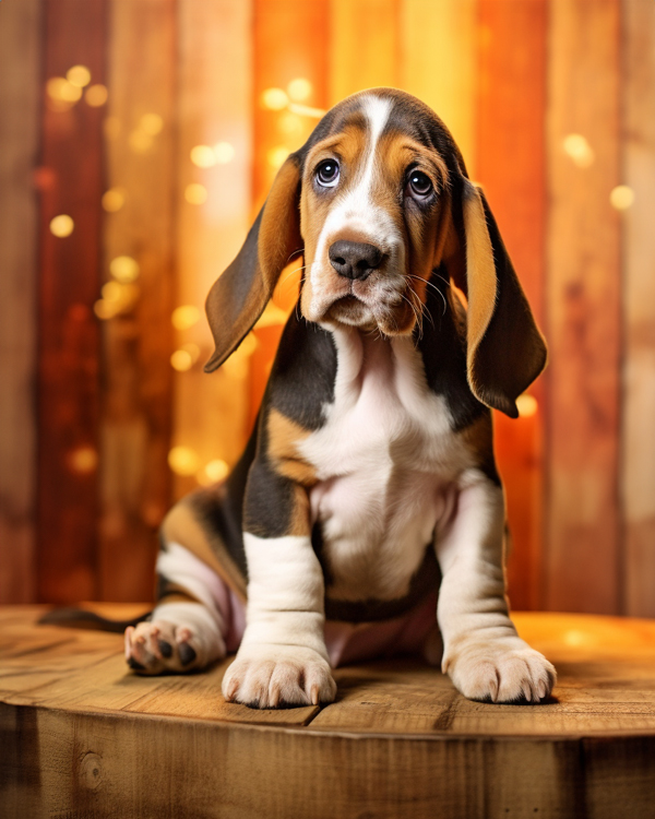 A delightful basset hound puppy sits atop a wooden block curiously gazing around with a golden bokeh background. The dog’s large, droopy ears hang down, and it has a wrinkled forehead with beautiful large expressive eyes and a mix of white, brown, and black markings.