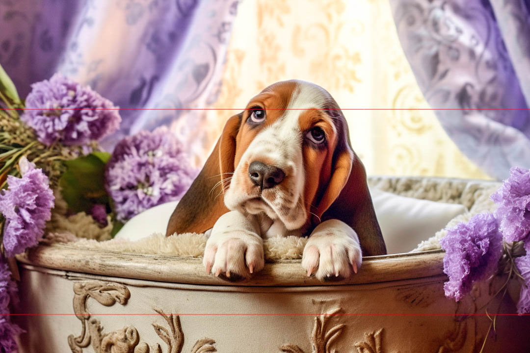 A picture of a baby basset in a basket with droopy ears and eys, looking up in adorable expression. Head and big front paws coming out of exquisitely carved white wood oval basket adorned with purple flowers.