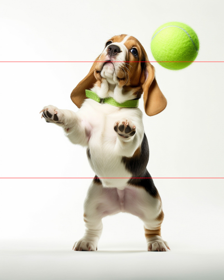 In this picture, a  small basett hound puppy stands on its hind legs and looks up with its front paws raised. A green tennis ball hovers above its head against a white background. The puppy appears to be in the middle of catching or playing with the tennis ball.