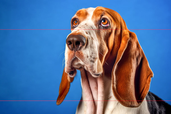 In this picture, a Basset Hound with a white, brown, and black coat is gazing upwards against a solid blue background. The dog's large, droopy ears and sad eyes are prominent, emphasizing its expressive face. The image is well-lit, highlighting the textures and colors of the dog's fur.