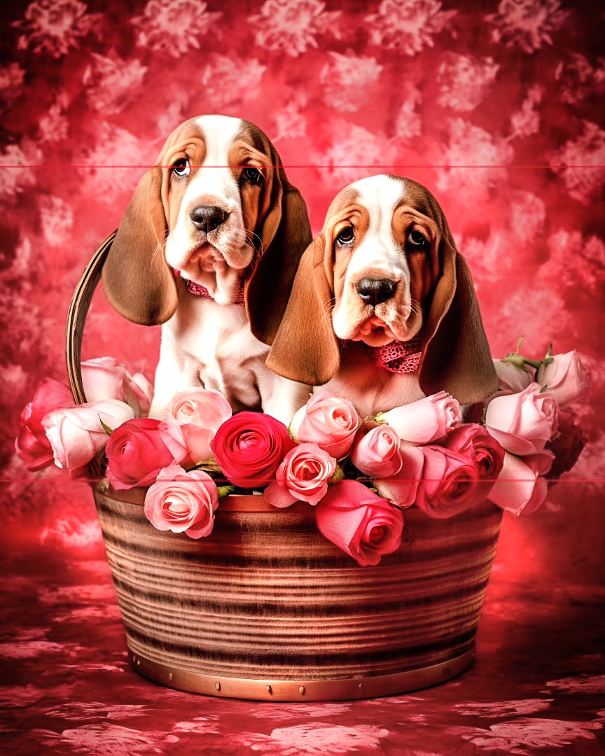 In this picture, two Basset Hound puppies sit in an intricately woven valentine basket. A dozen long stemmed pink and red roses decorate the basket with a red floral wallpaper pattern that repeats on the rug the basket sits on.