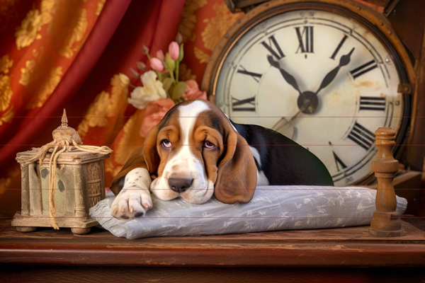 In this picture, a Basset Hound with long droopy ears and eyes rests on some lace material on a solid wood table in front of a large old style mantle clock. It's enormous paw is to the forefront with maroon patterned curtains behind.
