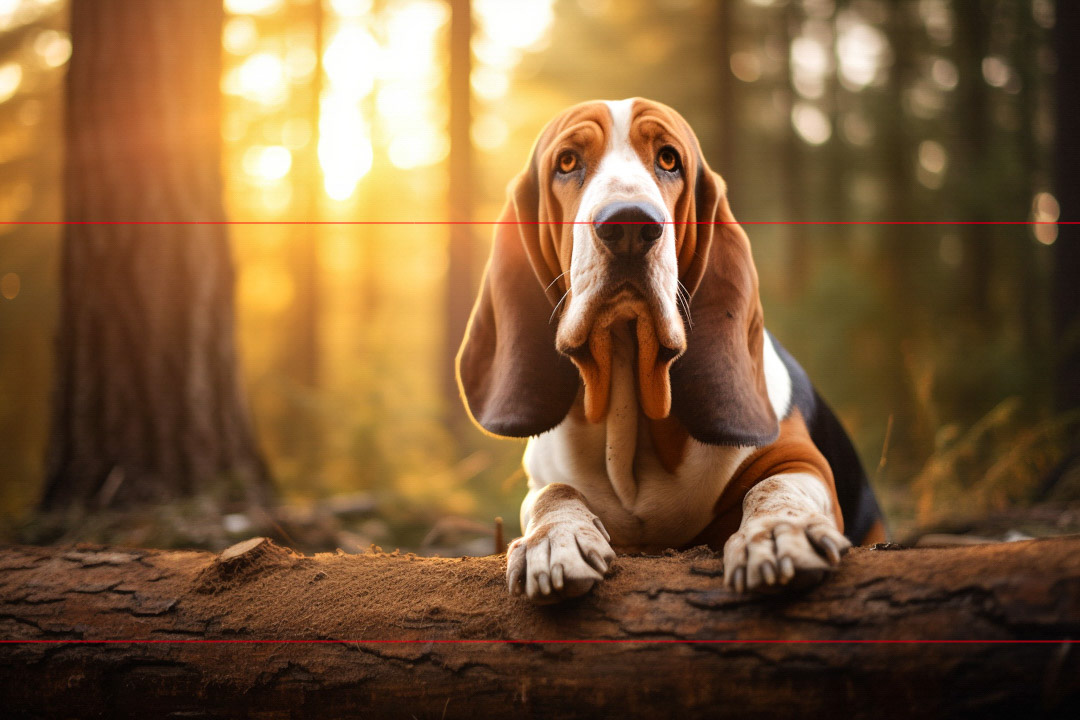 In this picture, a  Basset Hound with long droopy ears and a sad expression stands, front paws on a fallen tree trunk, in a sunlit forest. The background features trees with golden sunlight filtering through, creating a warm and serene atmosphere.