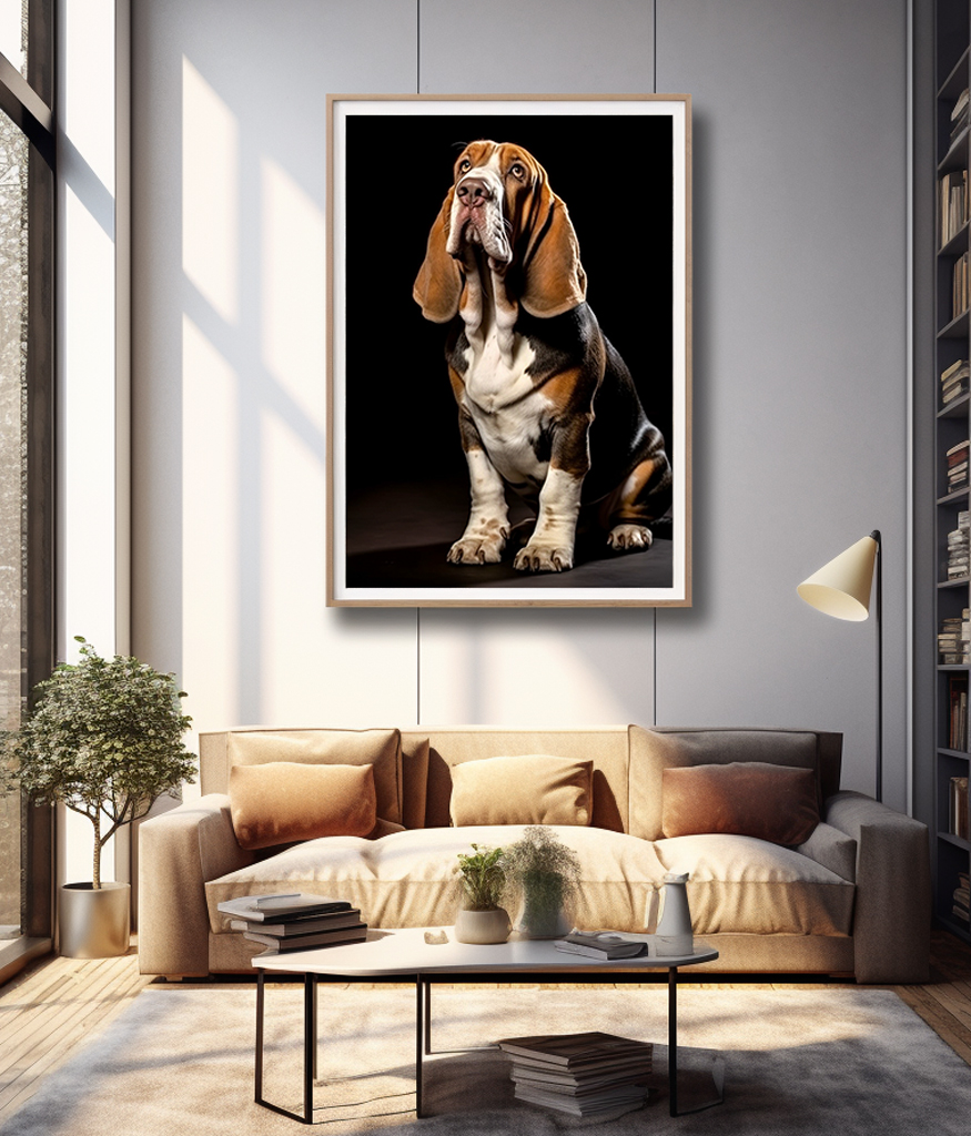 
A modern living room with high ceilings and large windows is adorned with a framed portrait of a Basset Hound on the wall. The room features a beige sofa, a coffee table with a plant and magazines, and a tall bookshelf in the corner. Natural light streams in, highlighting the cozy space.