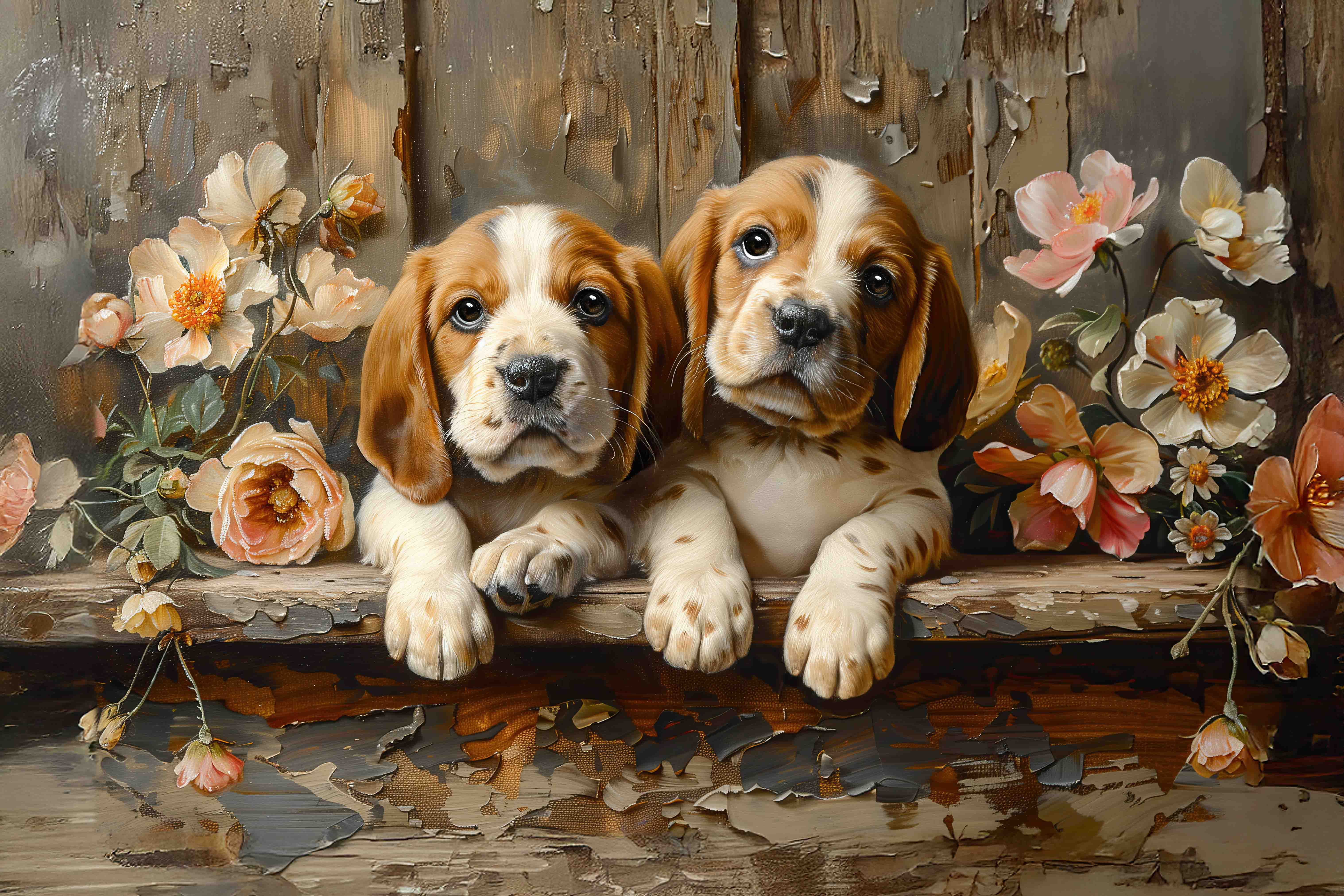 In this picture, 2 Basset Hound puppies sit side by side in a wicker basket surrounded by pink and red illustrative flowers reminescent of an English Garden in this vintage style painting. A warm, romantic, cuddly theme of charm and innocence.