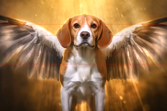 A picture of a regal beagle with a calm expression stands with large, angelic wings extended behind it. The background is illuminated with a warm, golden light, creating a heavenly and ethereal atmosphere. The dog's fur glows softly in the light, accentuating its serene and majestic appearance.