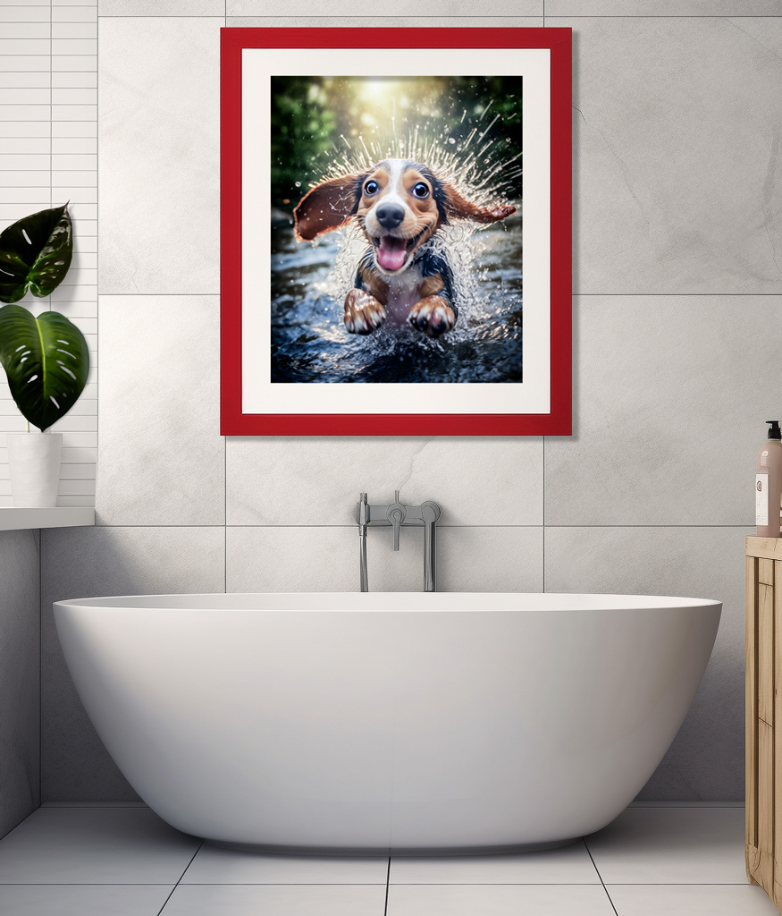 A modern bathroom featuring a white oval bathtub with a sleek, minimalist design exemplifies contemporary lifestyle. Above the tub, there's a framed picture of an excited beagle with floppy ears running through water, bordered by a red frame. The walls are tiled in a light, neutral shade, with a small wooden cabinet to the right.