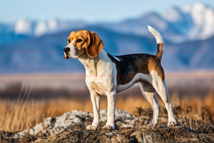 A beagle stands alert on a rocky terrain with tall, dry grass in the foreground. The dog's ears are flopped forward, and its tail is raised. Snow-capped mountains and a blue sky create a picturesque outdoor scene, capturing a perfect picture of natural beauty.
