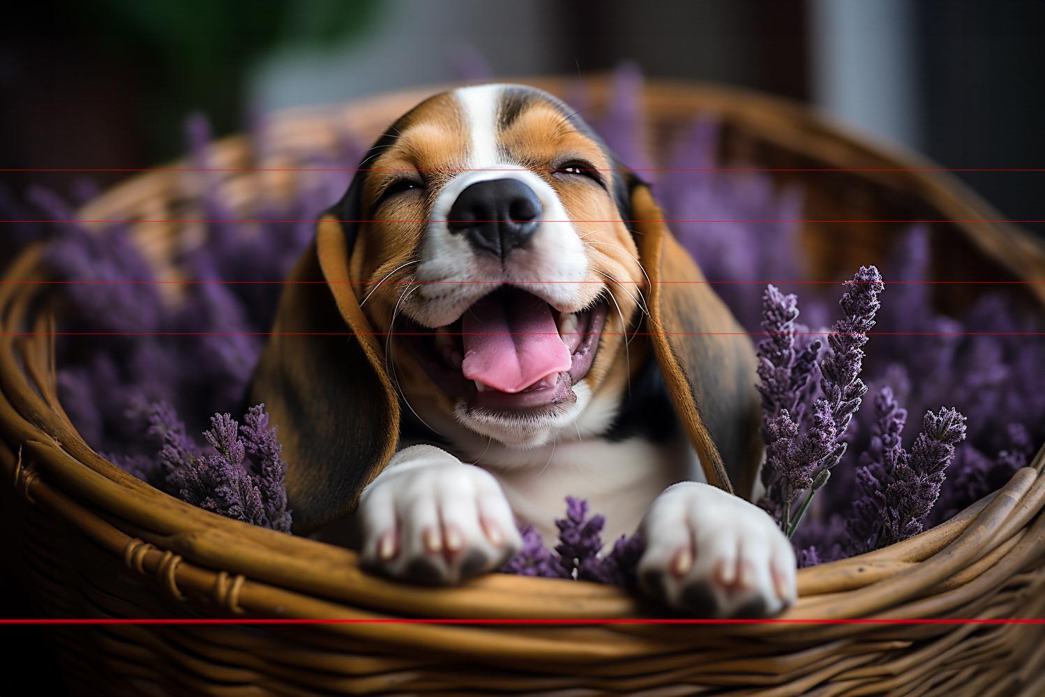 A cheerful beagle puppy with floppy ears is lying in a wicker basket filled with vibrant purple lavender flowers. The puppy's paws are draped over the edge of the basket, and it has its mouth open in what appears to be a joyful smile.