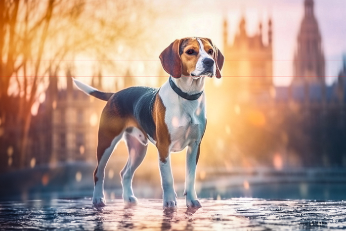 A picture of a beagle stands alert on a wet pavement with a sunset-lit cityscape in the background. The dog, featuring a tricolor coat of white, brown, and black, gazes off into the distance. The iconic architecture of London, blurred by the setting sun, adds a warm glow and dreamy atmosphere to the scene.