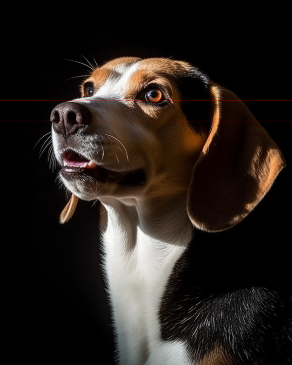 Close-up picture of a beagle dog with cinematic lighting looking attentively to the left. The dog has a tricolored coat of brown, white, and black with expressive brown eyes and a slightly open mouth, exposing its tongue and teeth. The dark background makes the dog's features stand out prominently.