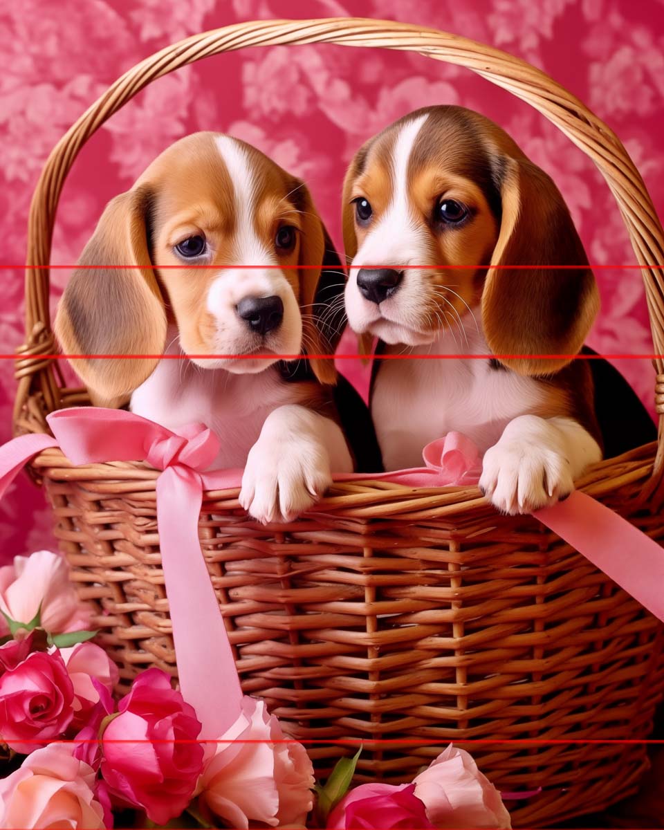 Two beagle puppies sit in a wicker basket adorned with pink ribbons. The background features a floral pink pattern and pink roses are scattered around the basket. The puppies, with their wide eyes and soft fur, appear curious and adorable, creating a charming and heartwarming picture.