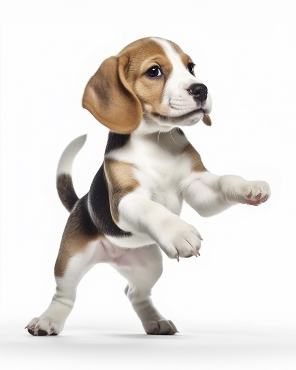 A beagle puppy sits on a wooden surface, gazing upward with curious brown eyes in this picturesque scene. A vibrant rainbow arcs in the background, contrasting with the dark, blurred backdrop. The puppy's tricolor fur and soft, floppy ears are prominently visible, emanating a sense of wonder and innocence.