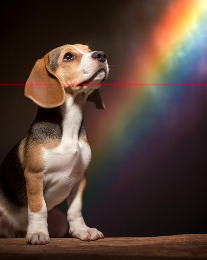 A beagle puppy sits on a wooden surface, gazing upward with curious brown eyes in this picturesque scene. A vibrant rainbow arcs in the background, contrasting with the dark, blurred backdrop. The puppy's tricolor fur and soft, floppy ears are prominently visible, emanating a sense of wonder and innocence.