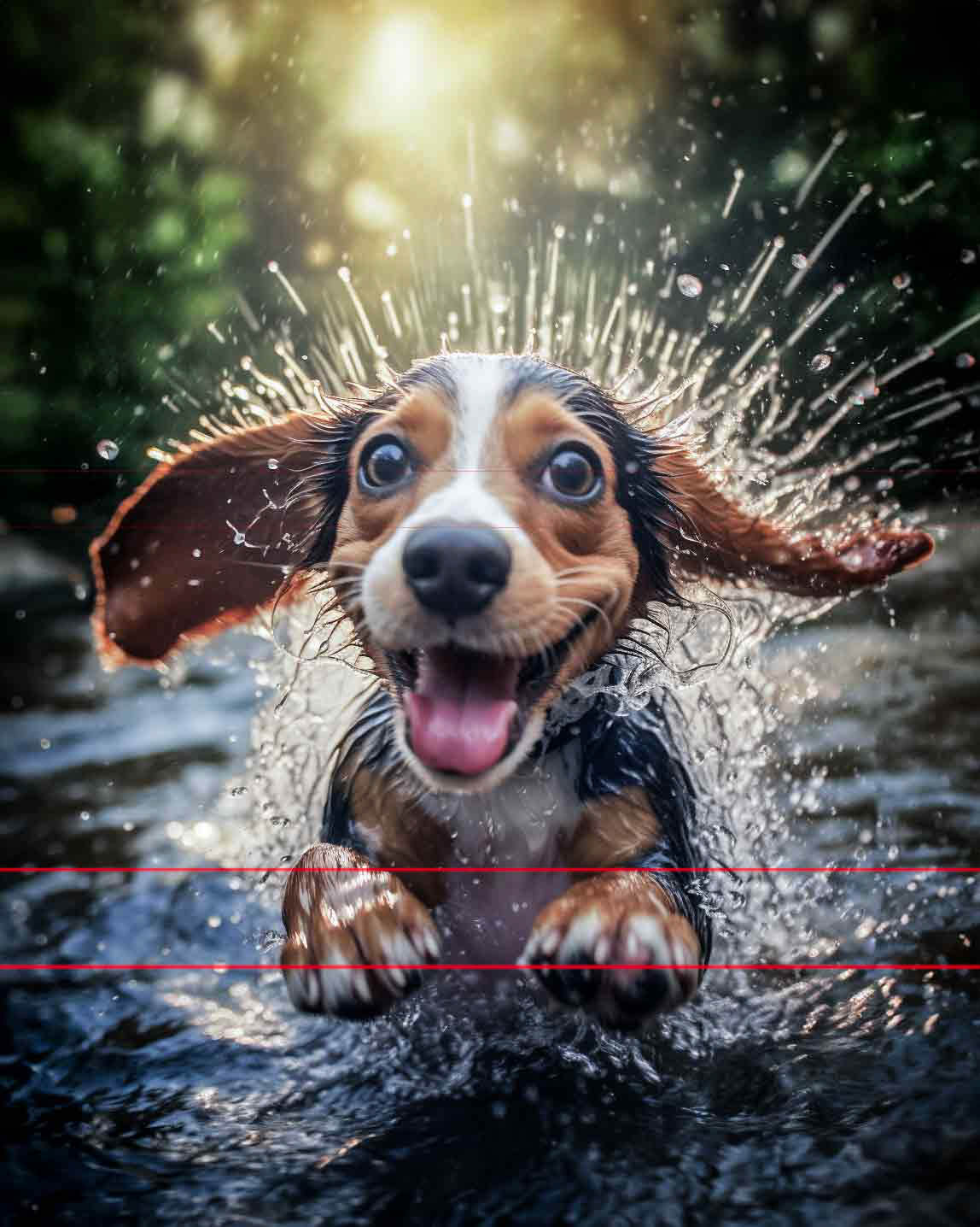 A joyful Beagle dog with wet fur splashes through water, creating a dramatic spray around its head. Its wide eyes and open mouth convey excitement. The picture has a blurred background with hints of greenery and sunlight filtering through, highlighting the dog's playful expression.