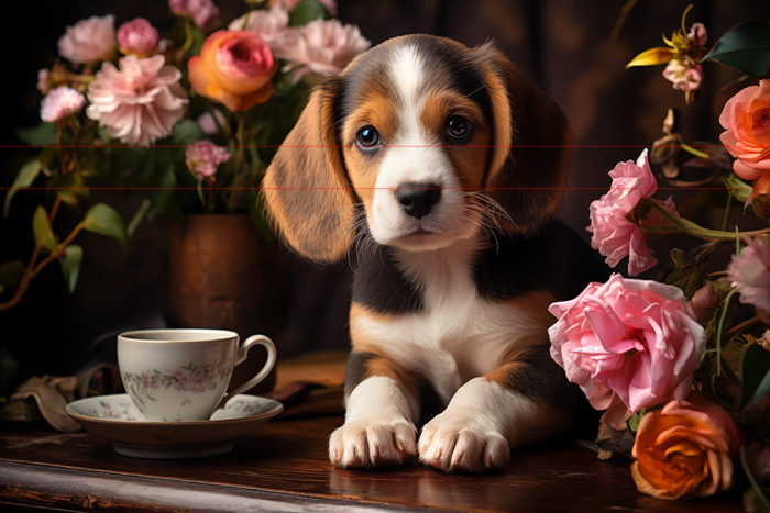 A picture captures a beagle puppy with a black, brown, and white coat sitting on a wooden surface surrounded by an assortment of flowers, including yellow roses and pink peonies. A vintage teacup and saucer are placed beside the puppy, adding to the charming, rustic scene.