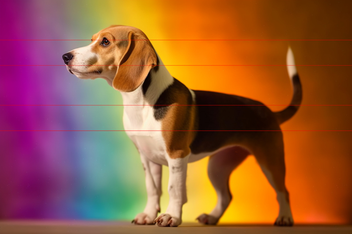 A Beagle dog stands alertly against a vibrant rainbow-colored background, featuring a gradient of red, orange, yellow, green, blue, and purple hues. The dog's brown, black, and white fur contrasts sharply with the bright backdrop in this picture full of pride.