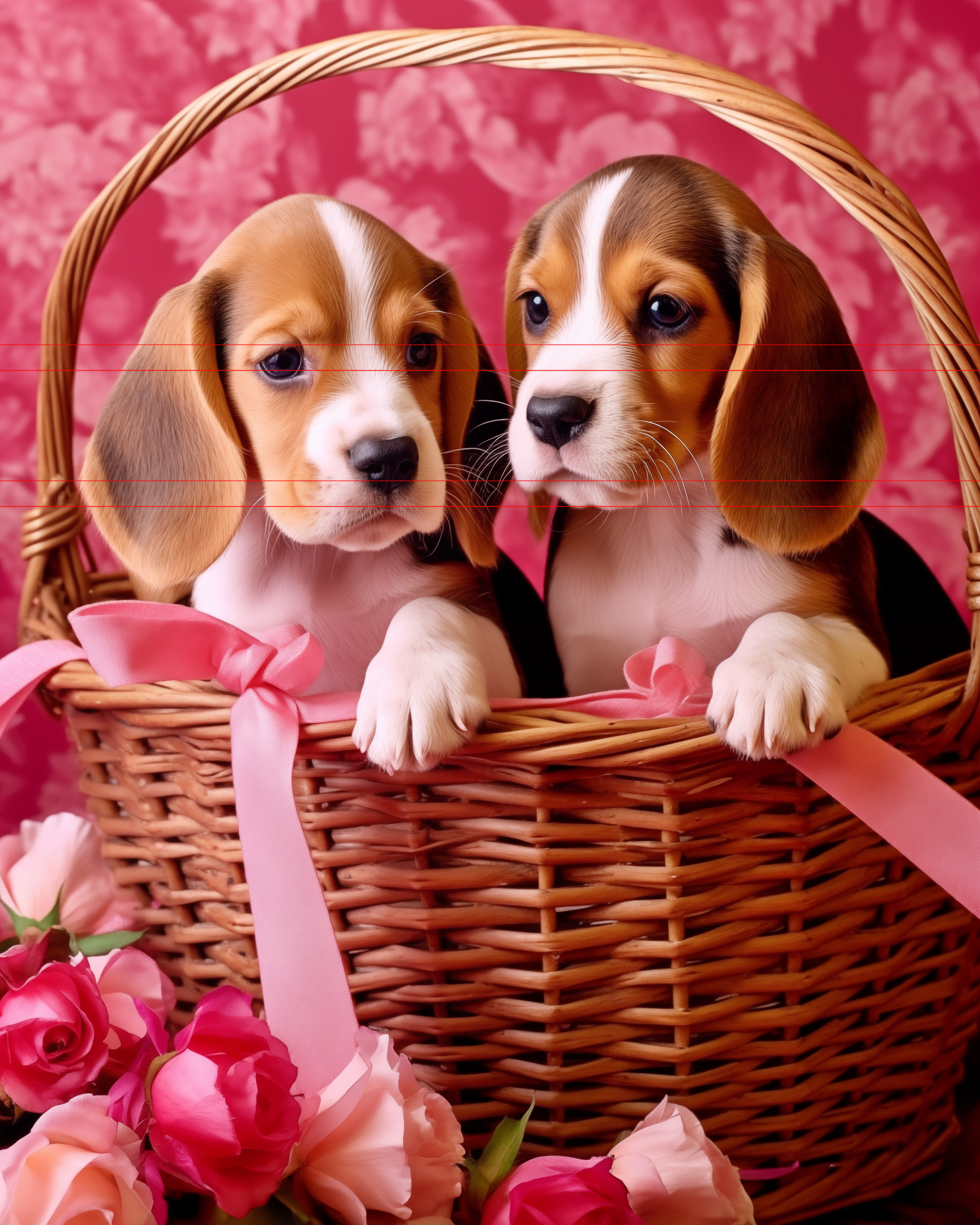 2 adorable beagle puppies in a wicker basket with pink ribbons and bows, pink floral wallpaper in back