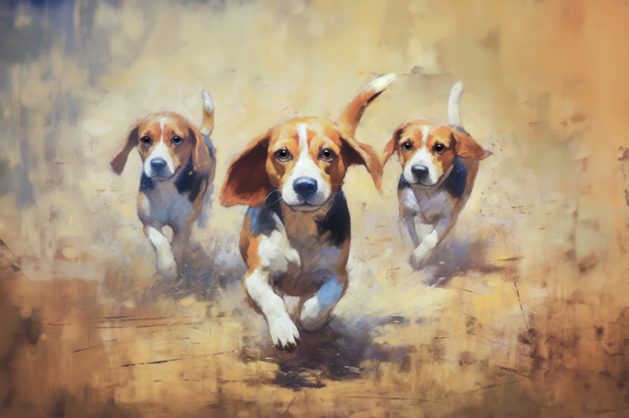 Three beagles energetically run toward the viewer across a sunlit field, capturing a sense of movement and playfulness. Their expressions convey joy and determination as they bound forward together.