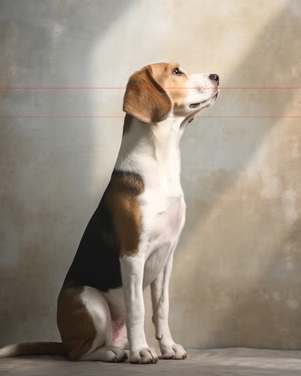 A Beagle with a tri-color coat sits attentively in front of a light-colored, textured wall. The dog's head is turned slightly upward, appearing to be looking at something above. Soft light shines on its face, highlighting its expressive eyes and long ears — a beautiful MidJourney AI image.