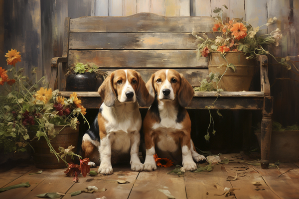 In this Vintage Looking Painting, Two Charming Beagles Sit Peacefully on a Rustic Bench Surrounded by Blooming Flowers and Rustic Pots in a Tranquil Garden Setting. Generative AI