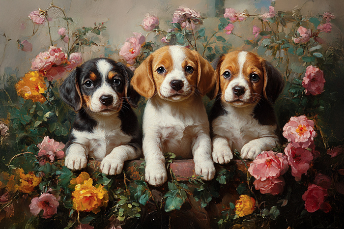 Charming Beagle Pups Among Vibrant Flowers in a Vintage-Style Painting Exuding Warmth and Joy. Generative AI