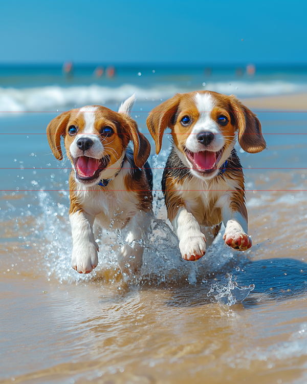 In this picture, two tricolor beagle puppies with floppy ears run joyfully on a sunny beach. They are splashing through shallow water near the shoreline, with one dog slightly ahead of the other. The ocean waves and a clear blue sky are visible in the background. Both dogs have their tongues out and happy expressions.