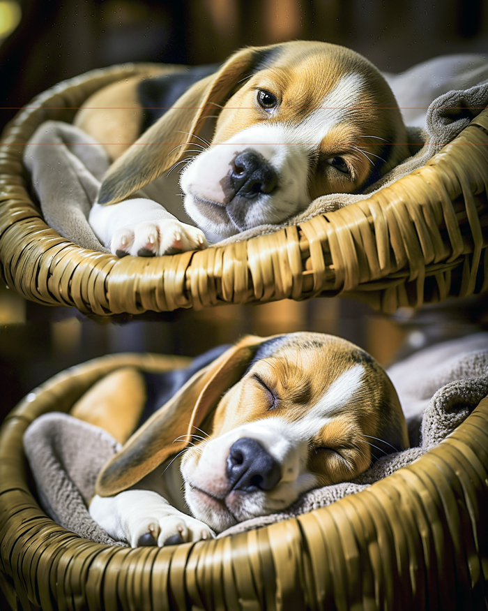 Two beagles sleep snugly in wicker baskets. In the picture, the upper puppy rests its head on the basket edge, eyes half-open, while the lower puppy is curled up, eyes closed, with its head tilted. Both baskets are stacked on top of each other, creating a cozy and peaceful scene.