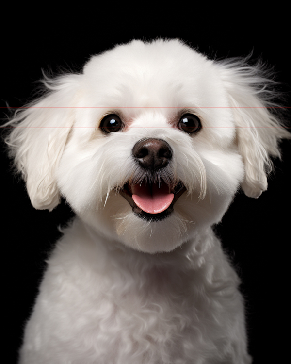 An adult white beautifuuly groomed Bichon Frise with a small black nose and expressive, dark round eyes is shown against a plain black background. In this picture, the dog's mouth is open, tongue slightly out, in a happy and playful expression.