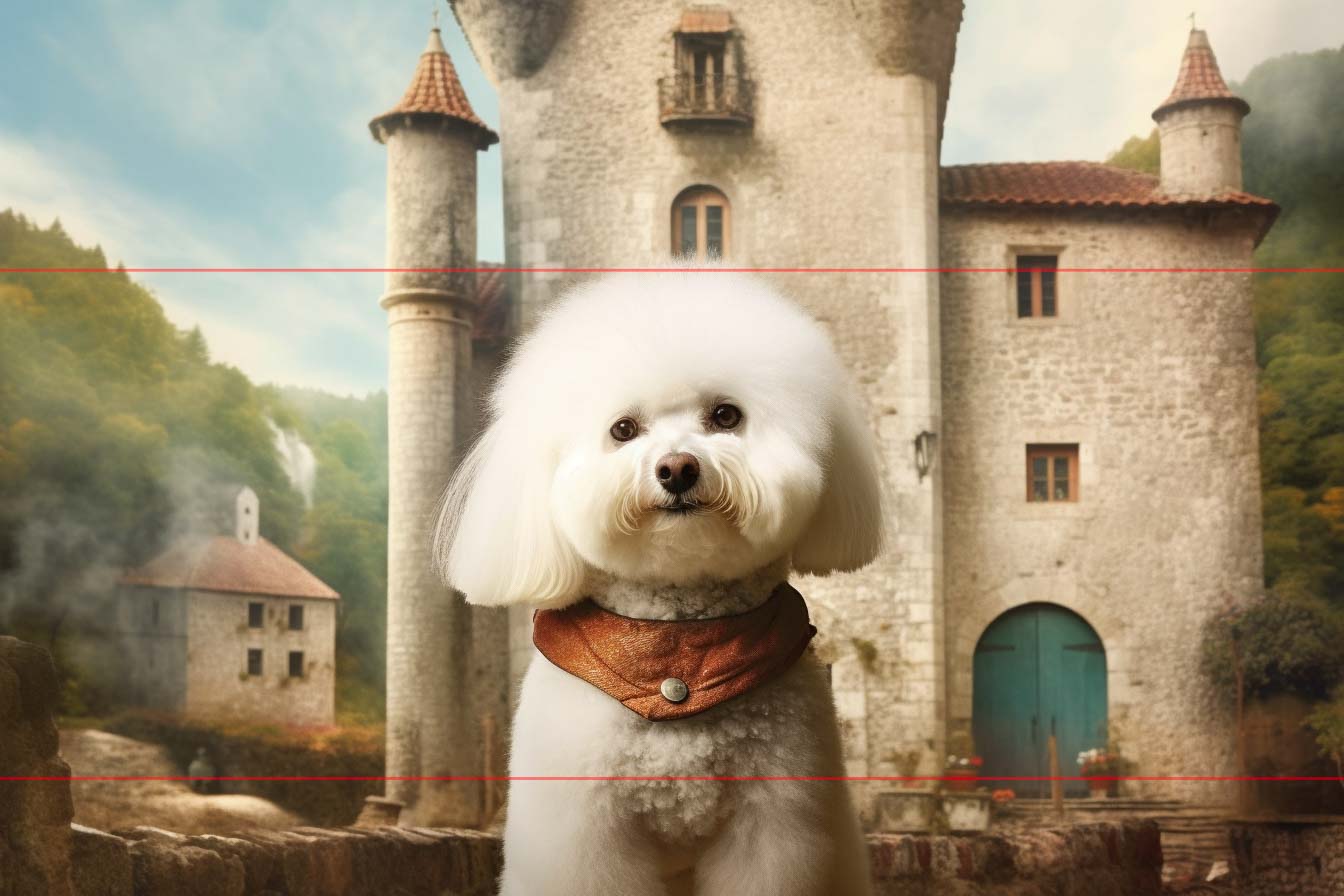 A small, fluffy Bichon Frise wearing a thick soft brown collar sits in front of what appears to be a painting of a stone castle with two round towers. The sky is blue with light clouds, and the surrounding landscape features green, tree-covered hills and another smaller stone building in the background in this picture.