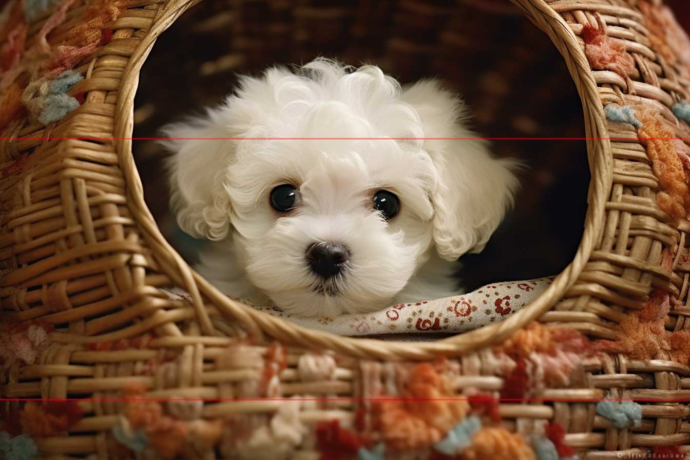 A small white Bichon Frise puppy with curly fur peeks out from a round opening in a woven basket pet bed. The puppy has large, dark eyes and a tiny nose, giving it an adorable and curious expression in this picture. The basket is multi-colored, with orange, blue, and white accents.