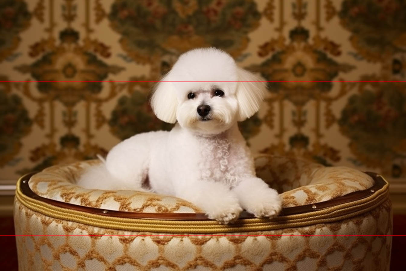 A small white Bichon Frise is lying on a plush, vintage-style dog bed with an intricate, gold-brown patterned fabric. The bed is situated in front of a wall with ornate, vintage wallpaper featuring a matching gold and brown design. The dog's fur is neatly groomed and fluffy in this picture.