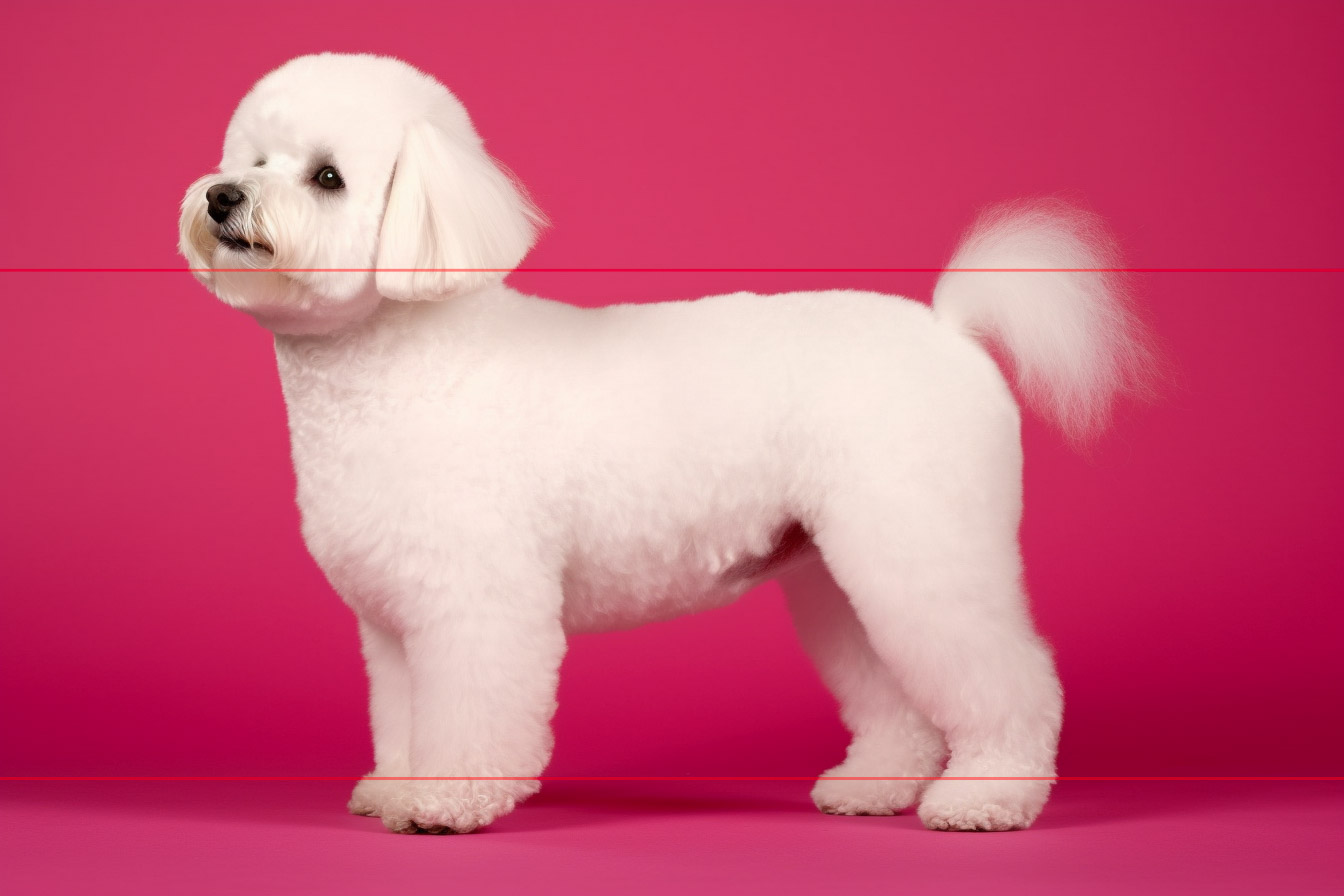 A picture of a white, fluffy bichon frise dog with a groomed coat stands side profile against a solid pink background, its tail is curly and fluffy, looking alert and poised.