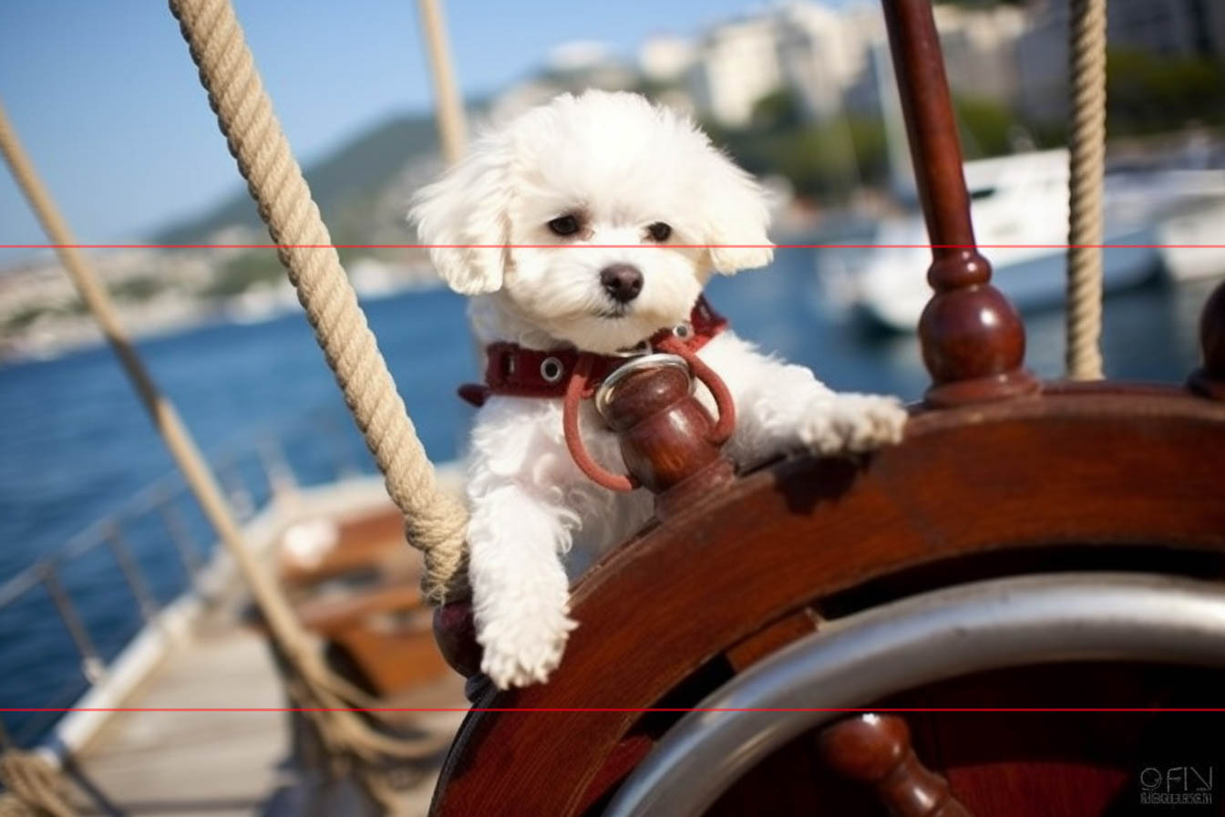 Taken from stories of their heritage, a small white Bichon Frise appears to be steering the large wooden wheel on an ancient wooden ship, known to criss-cross Italian Trade Routes. The background shows a blurred view of the sea with other boats and buildings as if he/she just pulled into port in this picture.