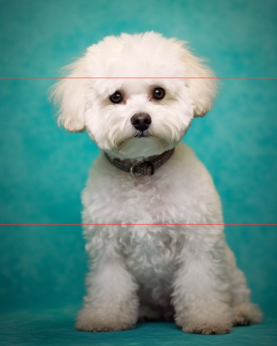 A Bichon Frise sitting for its portrait on a textured teal background, with round dark eyes and a black nose. The dog is looking directly at the viewer a little indignantly in this adorable picture. The dog has white curly fur, a round head, fluffy hanging ears adding up to a soft, cuddly appearance.