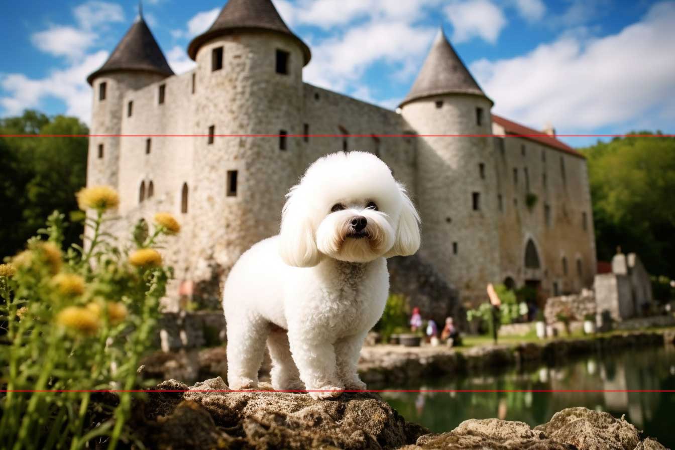 A fluffy white Bichon Frise stands on a rocky ledge in the foreground with an old stone castle featuring conical roofs and multiple towers in the background. The castle is surrounded by a moat and greenery with a bright blue sky overhead in this picture.