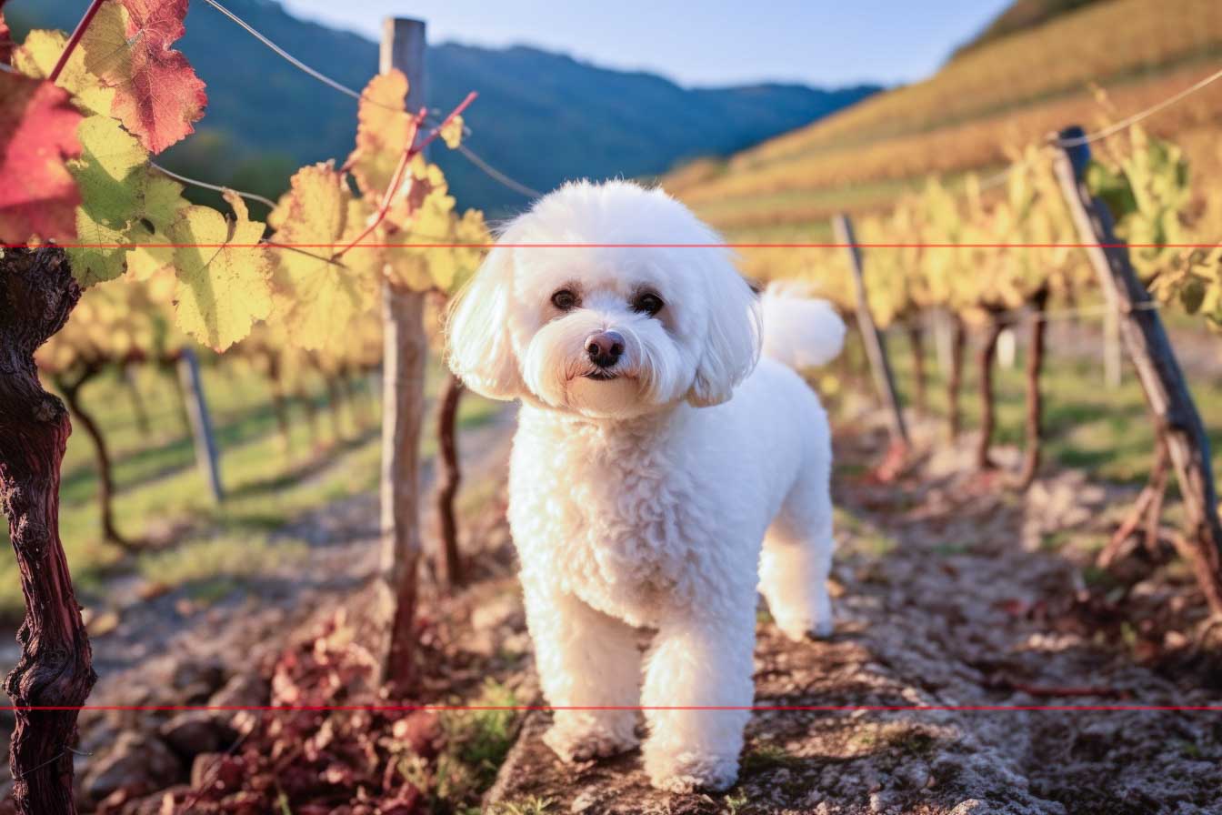 A fluffy white Bichon Frise stands on a dirt path in a vineyard, surrounded by grapevines with green and yellow leaves. The dog looks directly at the viewer with a little grin. The background of this picture, features rolling hills and a blue sky, bathed in warm, golden sunlight that highlights the vibrant autumn colors.