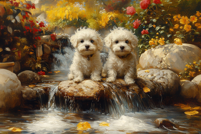 Charming Bichon Puppies Playfully Explore a Serene Waterfall Amidst Vibrant Autumn Flowers in a Picturesque Vintage Painting. Generative AI