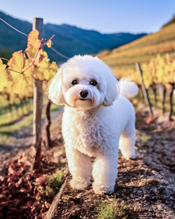 A Playful Bichon Frolicking Through Golden Vineyards Under a Clear Blue Sky on a Serene Autumn Afternoon. Generative AI