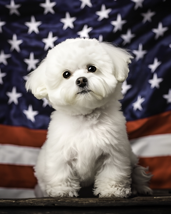 A white fluffy Bichon Frise with classic round faced groom and black eyes and nose, sits in front of an american flag, looking directly at the viewer with an attentive expression. The flag's stars and stripes make a bold background in this picture.