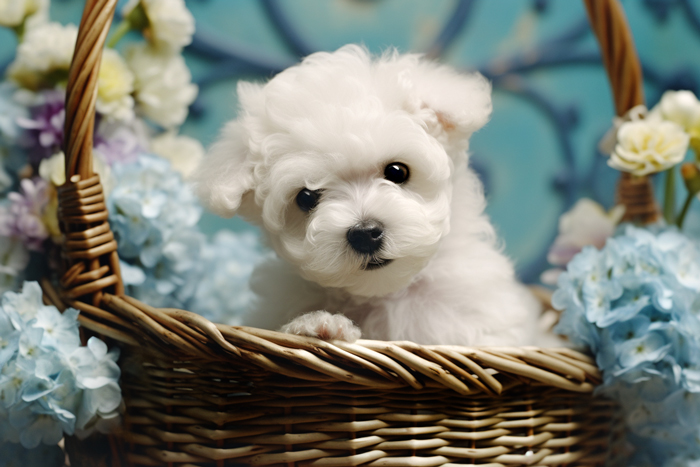 An adorable Bichon Frise puppy looks at the viewer from its wicker basket surrounded by beautiful pale blue geraniums in this picture.