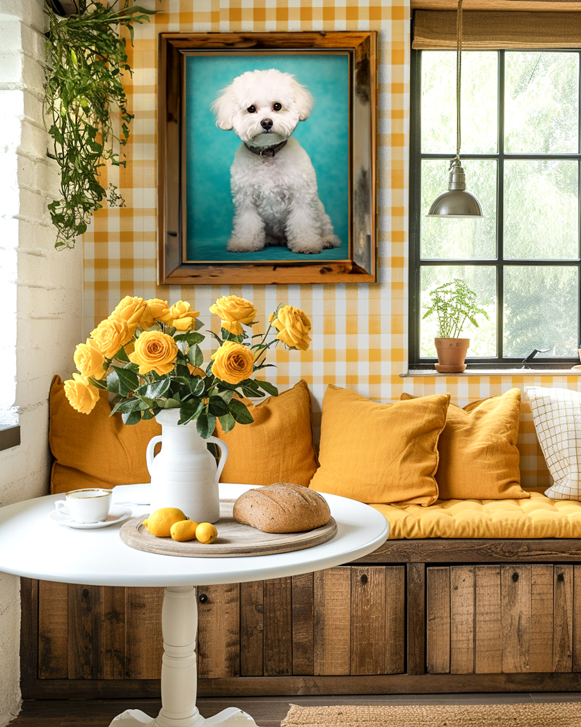 
A cozy kitchen nook featuring a white round table with a vase of yellow roses, a loaf of bread, and a cup of coffee on it. The background has yellow and white plaid wallpaper, wooden benches with yellow cushions, and a framed portrait of a white Bichon Frise with a teal background on the wall.