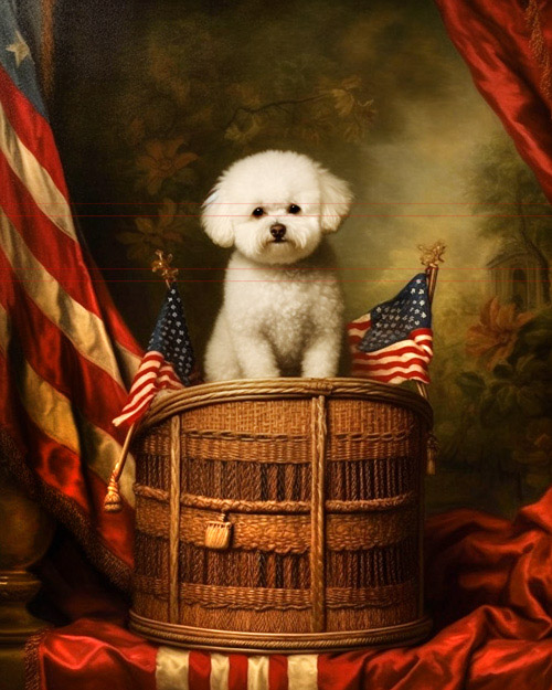 midjourney ai image of a Bichon Frise sits up in a unique wicker basket in surrounded by large and small American flags, vintage political stump speech podium with a cute Bichon giving the speech.