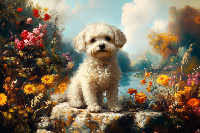 A Charming Bichon Sitting Gracefully Among Vibrant Flowers by a Serene River in a Picturesque Vintage Landscape Painting. Generative AI