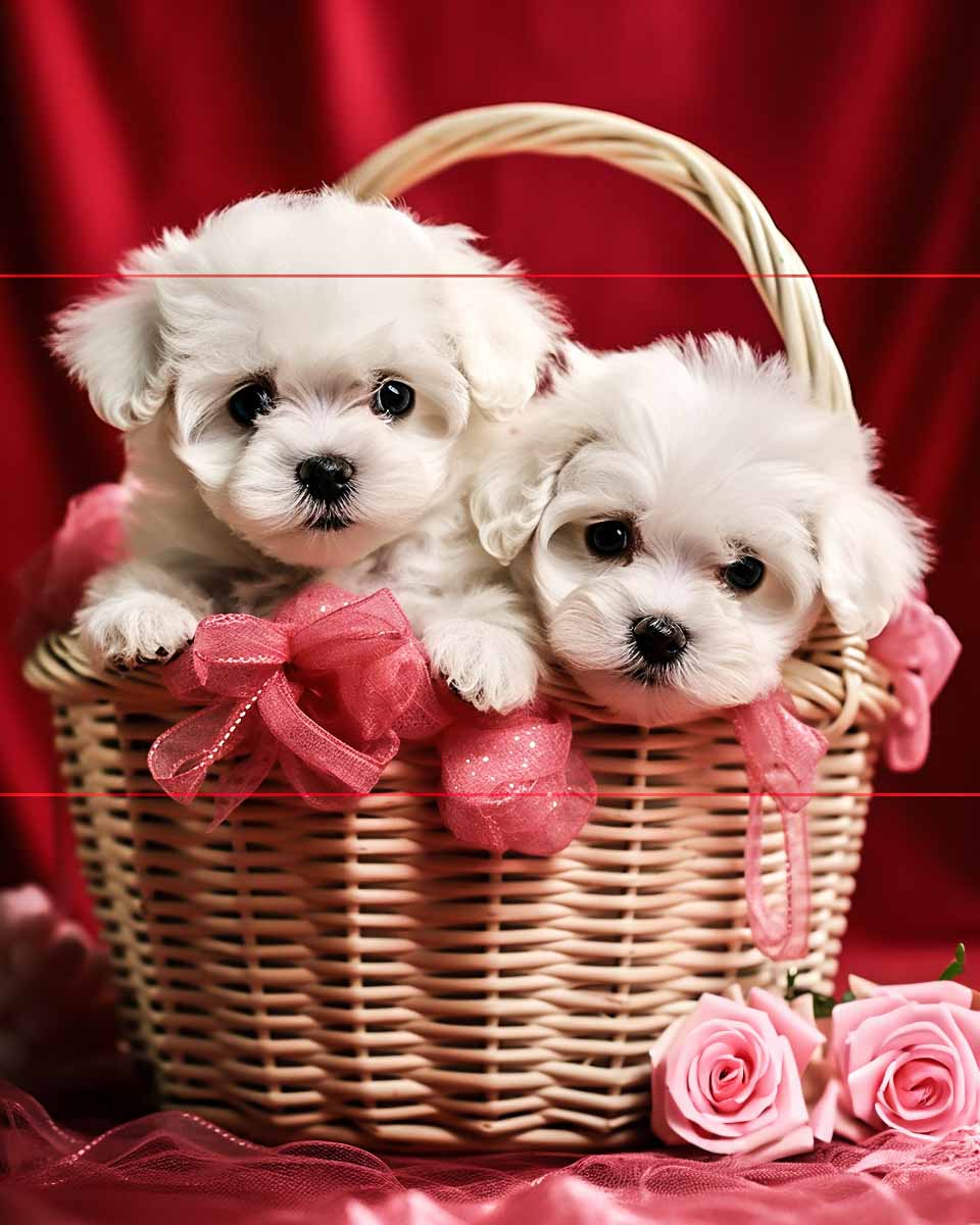 Two fluffy white Bichon Frise puppies sit inside a wicker basket adorned with pink ribbons. The puppies have large, dark eyes and are gazing adorably at the viewer. The background is a red curtain with pink roses in the foreground of this picture.