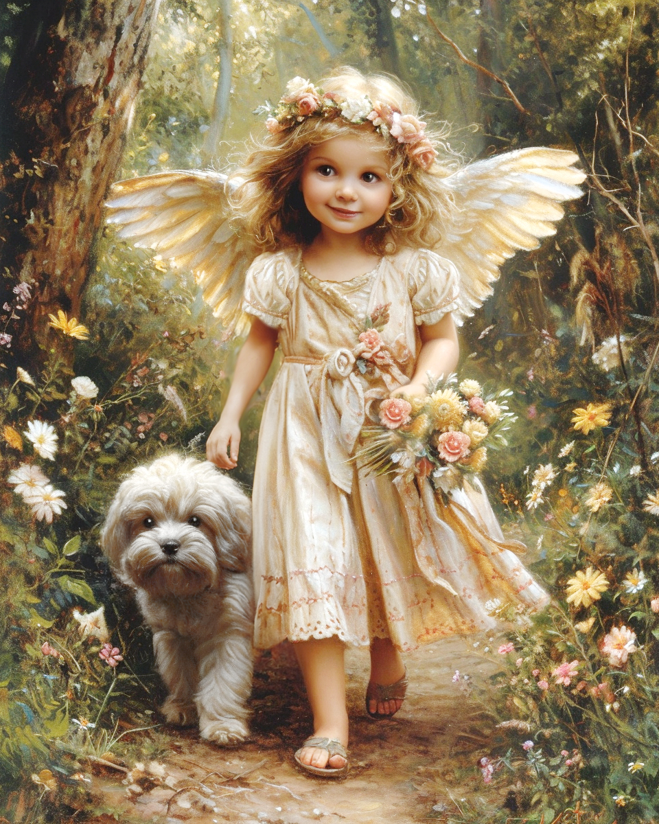 A Delightful Bichon and a Little Angelic Cherub Stroll Through a Sunlit Flower-Filled Enchanted Forest. Generative AI