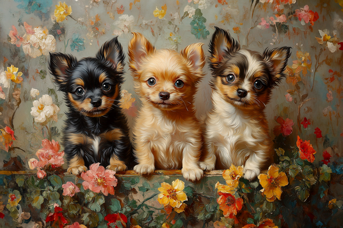 In this picture, 3 Chihuahua puppies sit side by side on an English Garden wall with wild flowers in this vintage style painting. A warm, romantic, cuddly theme of charm and innocence.