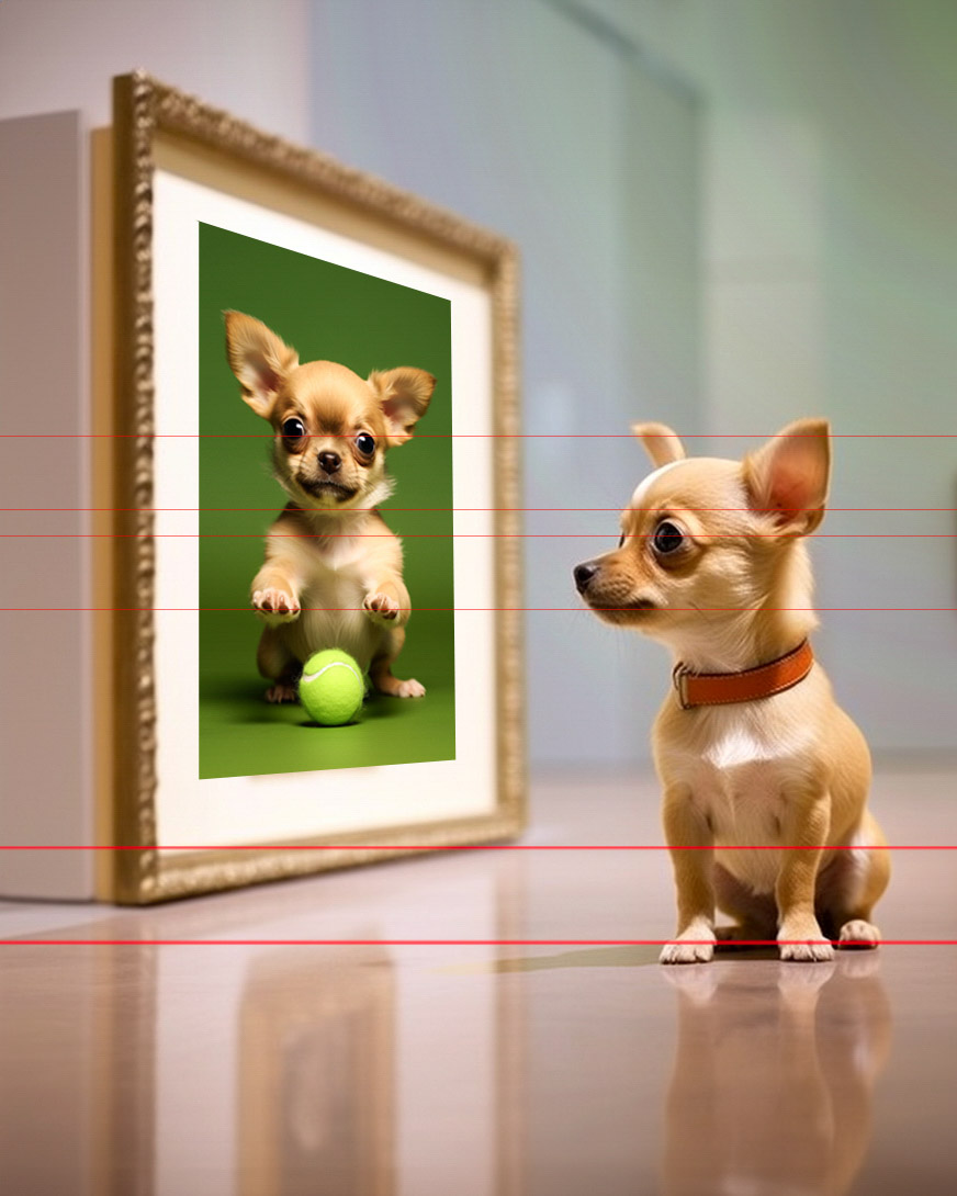 Chihuahua sitting in front of a framed picture of a Chihuahua puppy playing with a tennis ball in a large gold frame, hanging on the wall of a gallery.