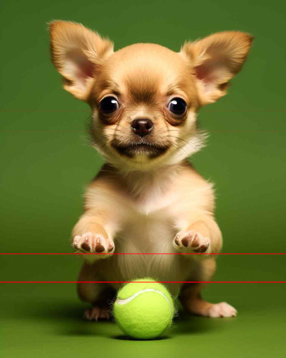 Chihuahua puppy tan coat, large dark expressive eyes, large perky ears that stand upright and tiny brown nose. Crouched upright on hind legs, front paws outstretched, bright green tennis ball on ground